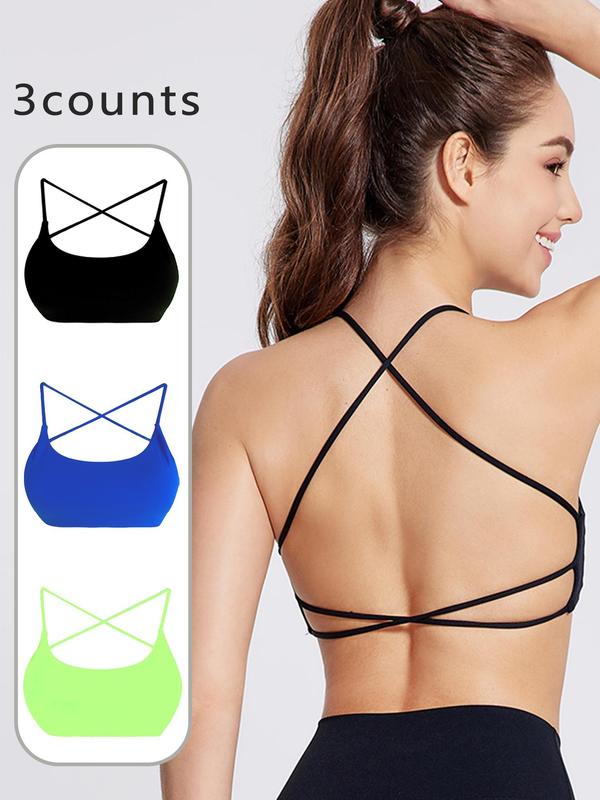 Women's Solid Criss Cross Backless Sports Bra, Breathable Comfortable Wireless Sports Bra, Ladies Sportswear for Indoor Outdoor Wear