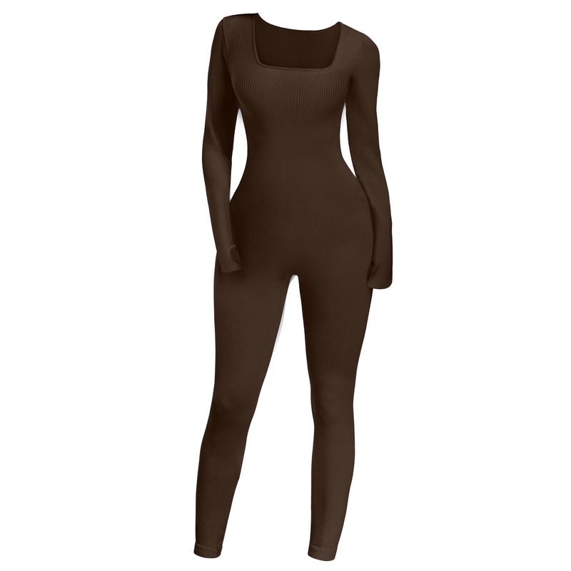 SeSe Code Women's Solid Ribbed Long Sleeve Jumpsuits With Thumbhole Yoga Workout Sport Jumpsuit