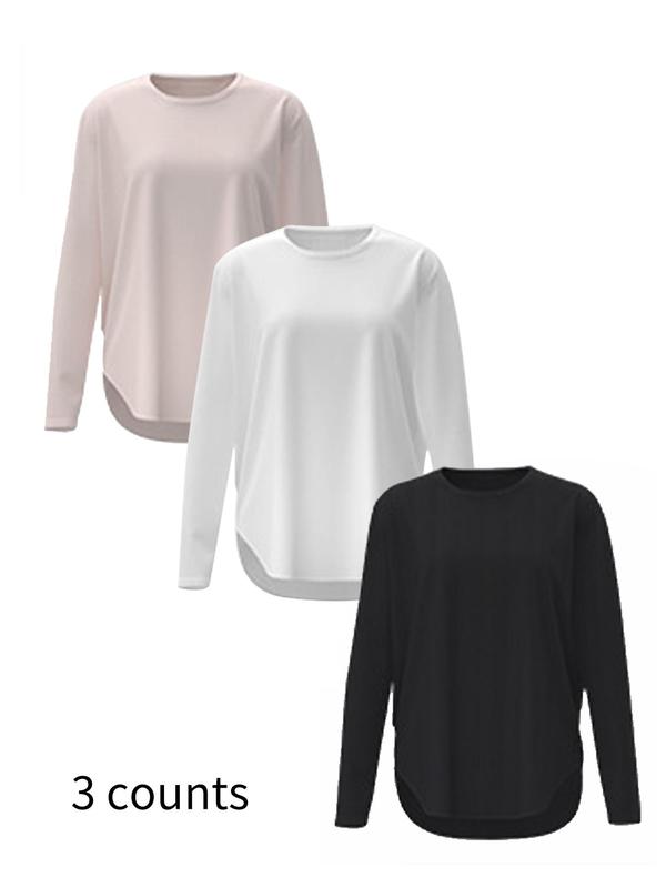 Women's Solid Split Hem Sports Tee, Casual Long Sleeve Round Neck T-shirt for Yoga Gym Workout, Ladies Sportswear for All Seasons