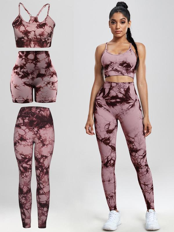 Three-piece Set Women's Tie Dye Print Tracksuit Set, Casual Sports Bra & High Waist Leggings & Biker Shorts, Ladies Sportswear for Yoga Gym Workout