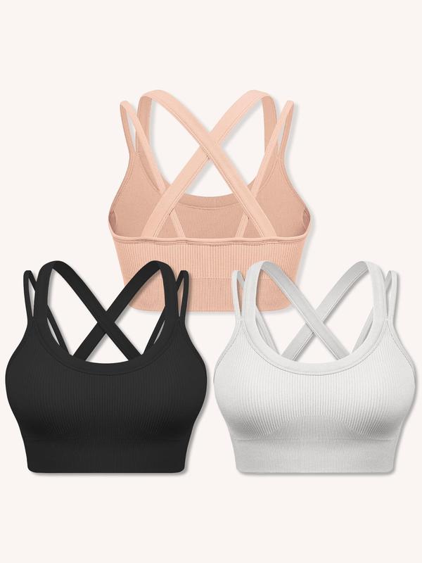 Women's Solid Color Criss Cross Back Wireless Sports Bra, Breathable Comfortable Ribbed Seamless Medium Support Yoga Bra, Workout Sets Women, Ladies Sportswear for Indoor Outdoor Wear