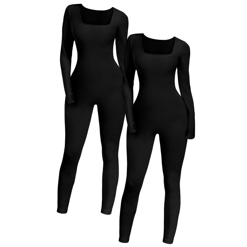 SeSe Code Women's Solid Ribbed Long Sleeve Jumpsuits With Thumbhole Yoga Workout Sport Jumpsuit