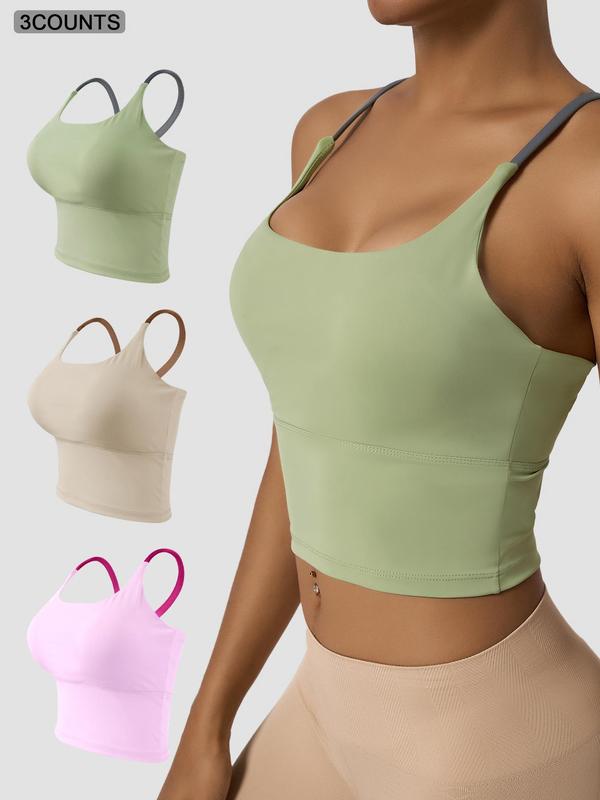 Women's Colorblock Criss Cross Backless Crop Sports Vest, Sporty Casual Breathable Comfortable Scoop Neck Sleeveless Top for Yoga Gym Workout Running Cycling, Ladies Sportswear Clothing for Summer