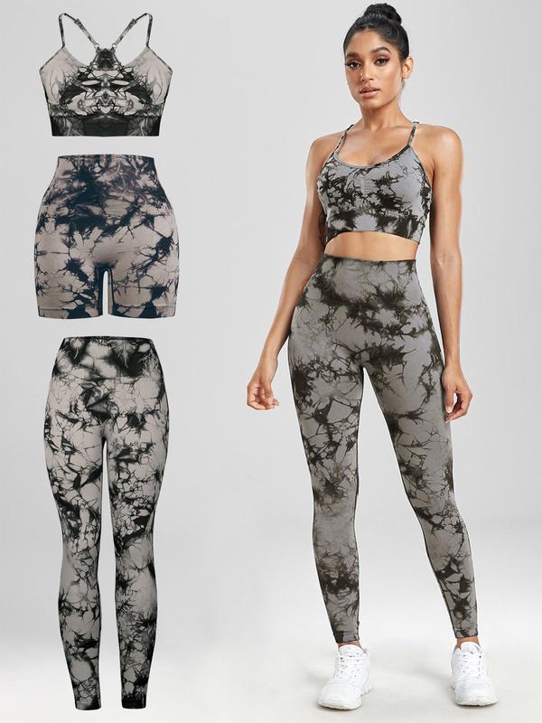 Three-piece Set Women's Tie Dye Print Tracksuit Set, Casual Sports Bra & High Waist Leggings & Biker Shorts, Ladies Sportswear for Yoga Gym Workout