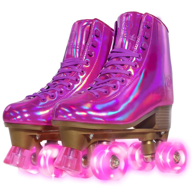 JajaHoho Roller Skates for Women, Magenta Holographic High Top PU Leather Rollerskates, Shiny Double-Row Four Barbie Pink Fushcia Wheels Quad Skates for Girls and Age 8-50 Indoor Outdoor (Plum)