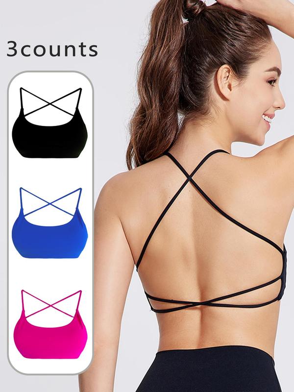 Women's Solid Criss Cross Backless Sports Bra, Breathable Comfortable Wireless Sports Bra, Ladies Sportswear for Indoor Outdoor Wear