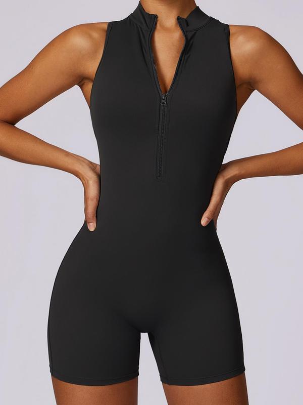 Cut Out Backless Ruched Sports Tummy Control Romper for Women, Gym Clothing, Sporty Casual Sleeveless Zipper Mock Neck Bodysuit for Yoga Gym Workout Running, Sport Tank Onesies, Overalls Tummy Flattering Romper, Ladies Sportswear, Minimalistic Outfit