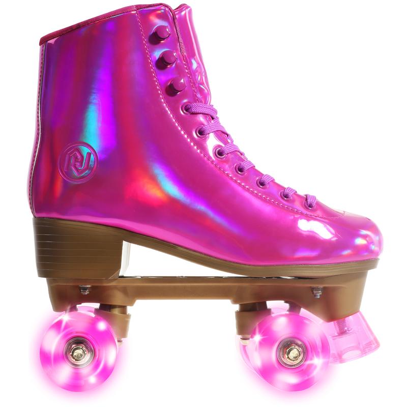 JajaHoho Roller Skates for Women, Magenta Holographic High Top PU Leather Rollerskates, Shiny Double-Row Four Barbie Pink Fushcia Wheels Quad Skates for Girls and Age 8-50 Indoor Outdoor (Plum)