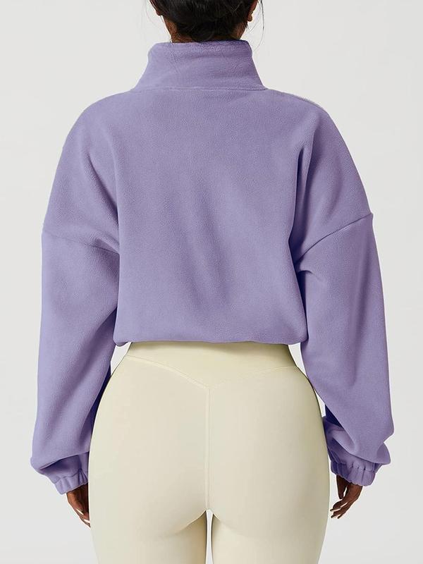 Women's Solid Color Zip Up Thermal Lined Sports Sweatshirt, Casual Drop Shoulder Long Sleeve Stand Collar Outerwear for Yoga Gym Workout, Ladies Sportswear for Fall & Winter