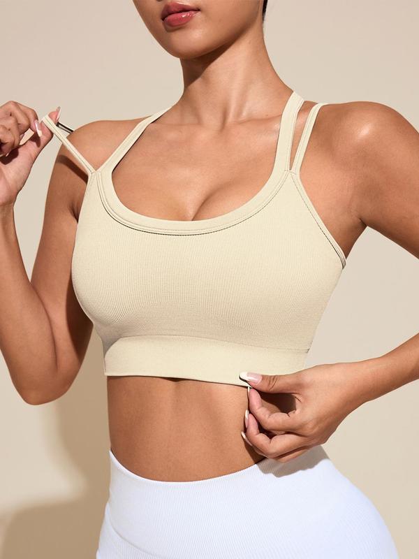 Women's Solid Color Criss Cross Back Wireless Sports Bra, Breathable Comfortable Ribbed Seamless Medium Support Yoga Bra, Workout Sets Women, Ladies Sportswear for Indoor Outdoor Wear