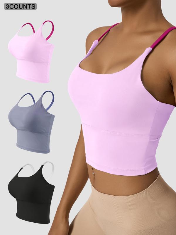 Women's Colorblock Criss Cross Backless Crop Sports Vest, Sporty Casual Breathable Comfortable Scoop Neck Sleeveless Top for Yoga Gym Workout Running Cycling, Ladies Sportswear Clothing for Summer