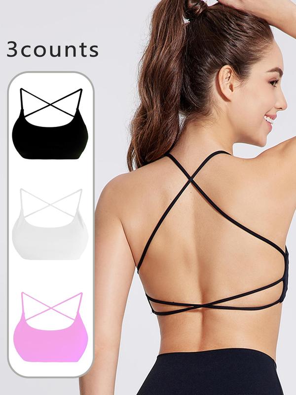 Women's Solid Criss Cross Backless Sports Bra, Breathable Comfortable Wireless Sports Bra, Ladies Sportswear for Indoor Outdoor Wear