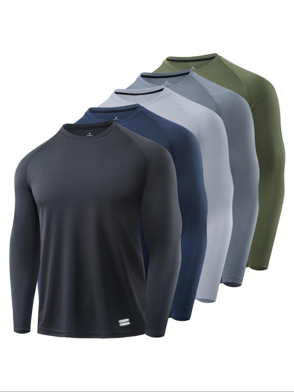 Men's Solid Round Neck Long Sleeve Sports Tee, Breathable Quick Drying Crew Neck T-shirt, Casual Sporty Top for Gym Workout Running