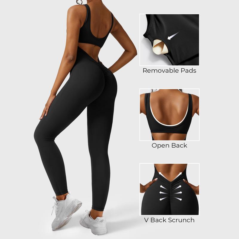 YEOREO Sleeveless Jumpsuits for Women Sexy Backless Gym Bodycon Lizvette V Back Scrunch Butt Rompers