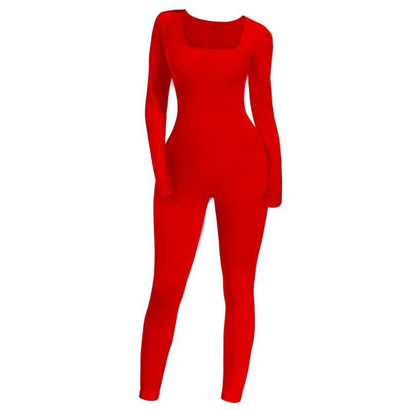 SeSe Code Women's Solid Ribbed Long Sleeve Jumpsuits With Thumbhole Yoga Workout Sport Jumpsuit