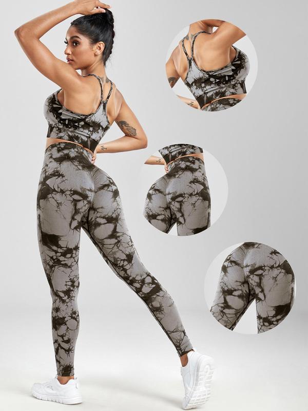 Three-piece Set Women's Tie Dye Print Tracksuit Set, Casual Sports Bra & High Waist Leggings & Biker Shorts, Ladies Sportswear for Yoga Gym Workout