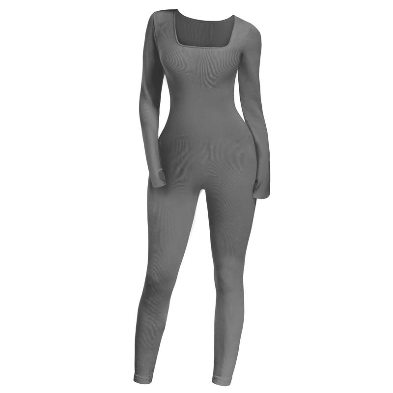 SeSe Code Women's Solid Ribbed Long Sleeve Jumpsuits With Thumbhole Yoga Workout Sport Jumpsuit