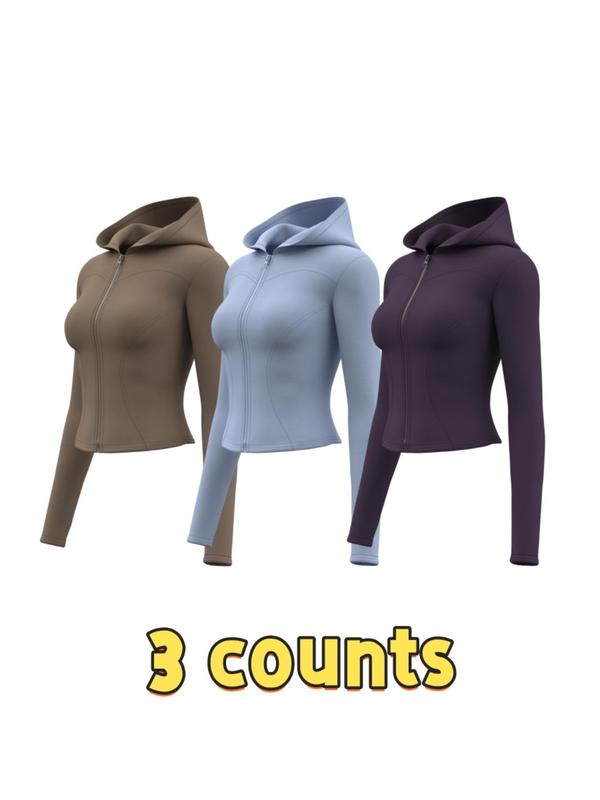 Women's Solid Zip Up Hooded Sports Jacket, Sporty Long Sleeve Thumb Hole Outerwear for Yoga Gym Workout, Ladies Sportswear for All Seasons