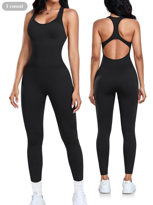 Women's Solid Backless Scoop Neck Sports Jumpsuit, Casual Sporty Seamless Sleeveless Jumpsuit for Yoga Gym Workout, Ladies Sportswear for All Seasons