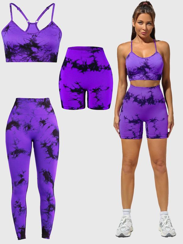 Three-piece Set Women's Tie Dye Print Tracksuit Set, Casual Sports Bra & High Waist Leggings & Biker Shorts, Ladies Sportswear for Yoga Gym Workout