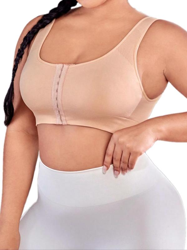 Plus Size Solid Adjustable Hook And Eye Sports Bra, Sporty Wireless Bra for Women, Summer Clothes Women, Women's Sport & Outdoor Clothing