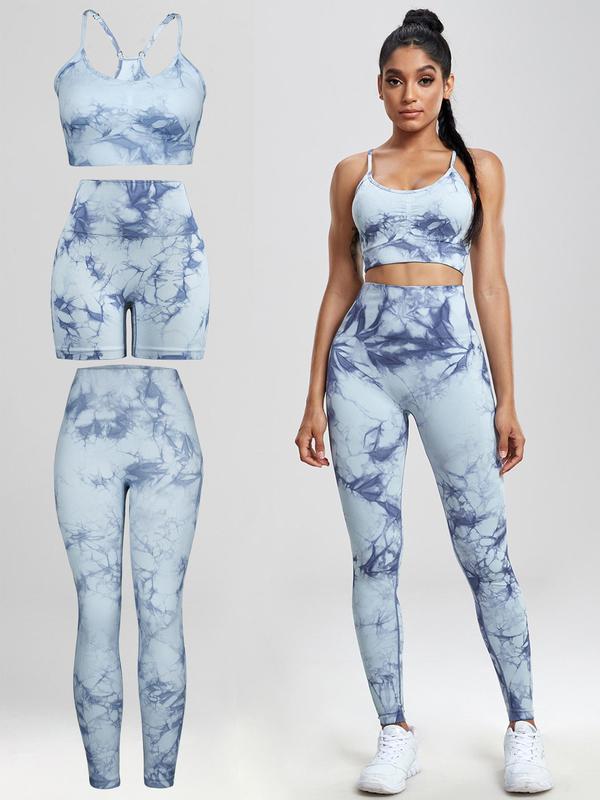 Three-piece Set Women's Tie Dye Print Tracksuit Set, Casual Sports Bra & High Waist Leggings & Biker Shorts, Ladies Sportswear for Yoga Gym Workout