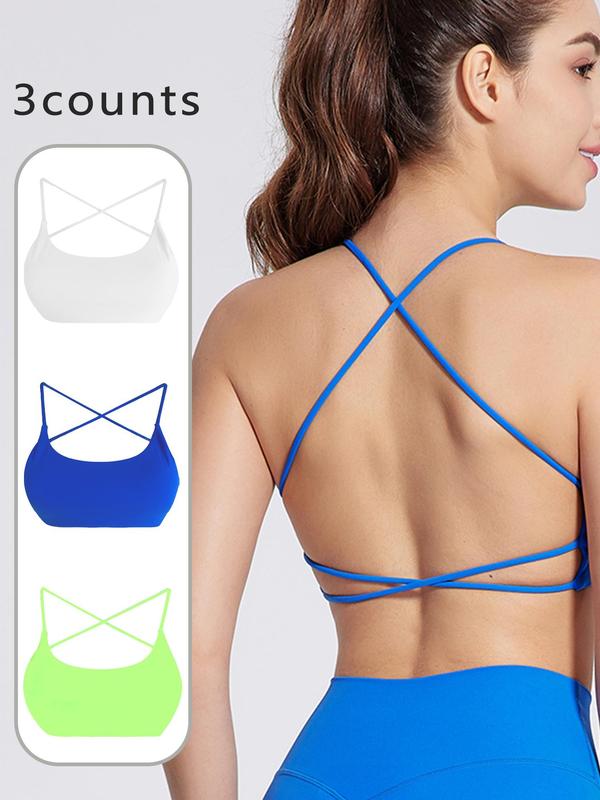 Women's Solid Criss Cross Backless Sports Bra, Breathable Comfortable Wireless Sports Bra, Ladies Sportswear for Indoor Outdoor Wear