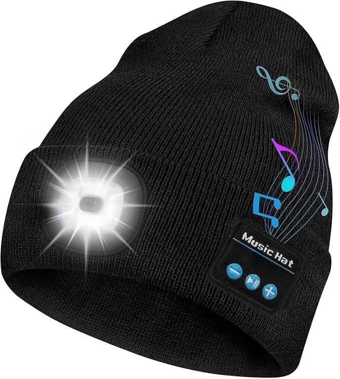 Cap With Light,USB Rechargeable LED Light Cap,Wireless Winter Warm Knitted Cap With Music Earphones For Night Walking, Fishing, Camping,And Hunting,Creative Gift For Halloween Christmas New Year