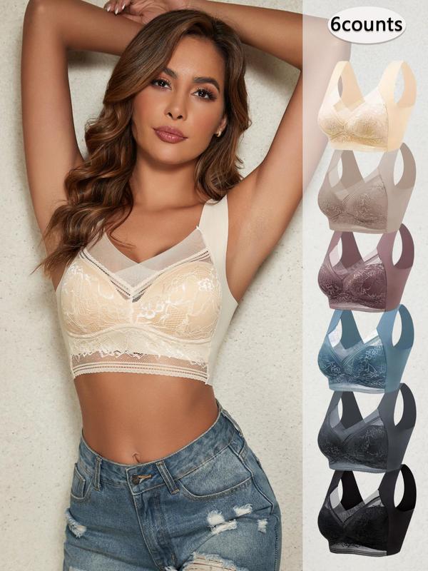 Women's Solid Color Contrast Lace Wireless Bra, Breathable Comfortable Sports Bra, Workout Sets Women, Women's Lingerie for All Seasons