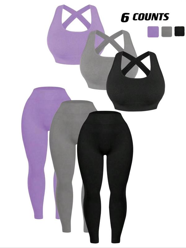  6 Pieces Women's Solid Backless Criss Cross Sports Tracksuit Set, Sporty Breathable Plus Size Outfits for Yoga Gym Workout Running, Sweatsuits, Ladies Summer Sportswear, Workout Sets Women, Gym Sets for Women, Plus Size Clothes for Women