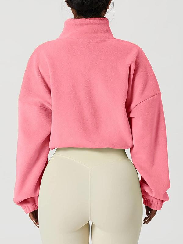 Women's Solid Color Zip Up Thermal Lined Sports Sweatshirt, Casual Drop Shoulder Long Sleeve Stand Collar Outerwear for Yoga Gym Workout, Ladies Sportswear for Fall & Winter
