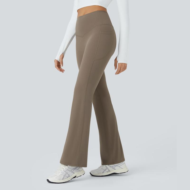 Halara SoCinched High Waisted Tummy Control Side Pocket Crossover Ruched Shaping Yoga UltraSculpt Slight Flare Leggings