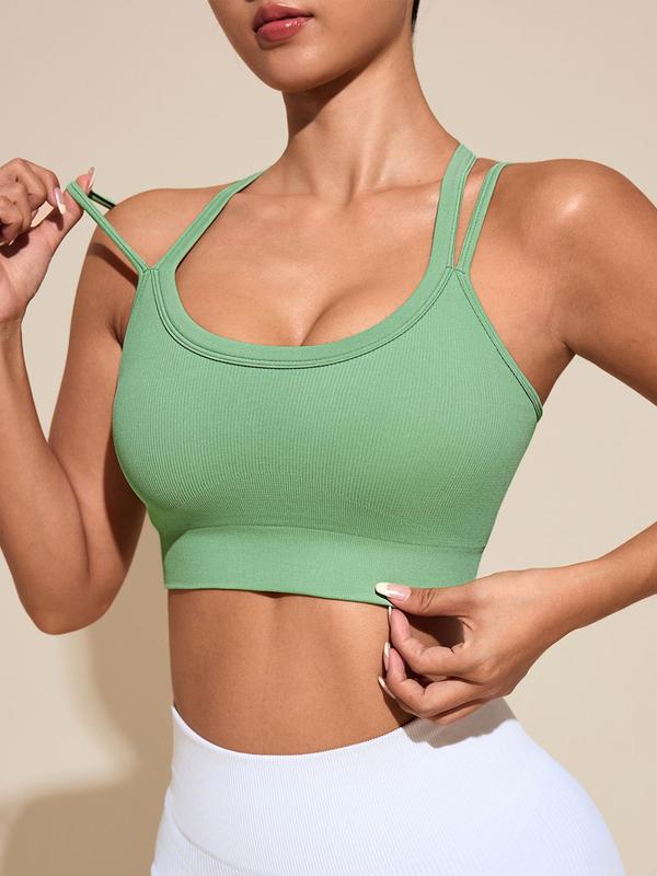 Women's Solid Color Criss Cross Back Wireless Sports Bra, Breathable Comfortable Ribbed Seamless Medium Support Yoga Bra, Workout Sets Women, Ladies Sportswear for Indoor Outdoor Wear