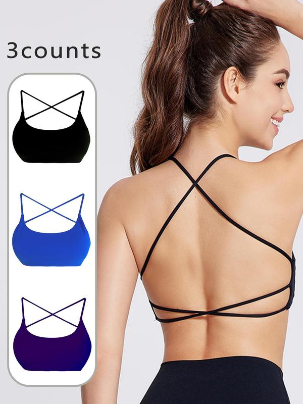 Women's Solid Criss Cross Backless Sports Bra, Breathable Comfortable Wireless Sports Bra, Ladies Sportswear for Indoor Outdoor Wear