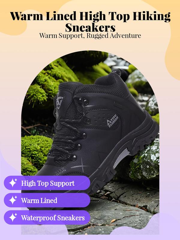 2024 New Style Patchwork Lace Up High Top Sneakers, Outdoor Mountaineering Warm Lined Hiking Shoes for Men, Sporty Casual Waterproof Non-slip Wear-resistant Fall Outdoor Shoes