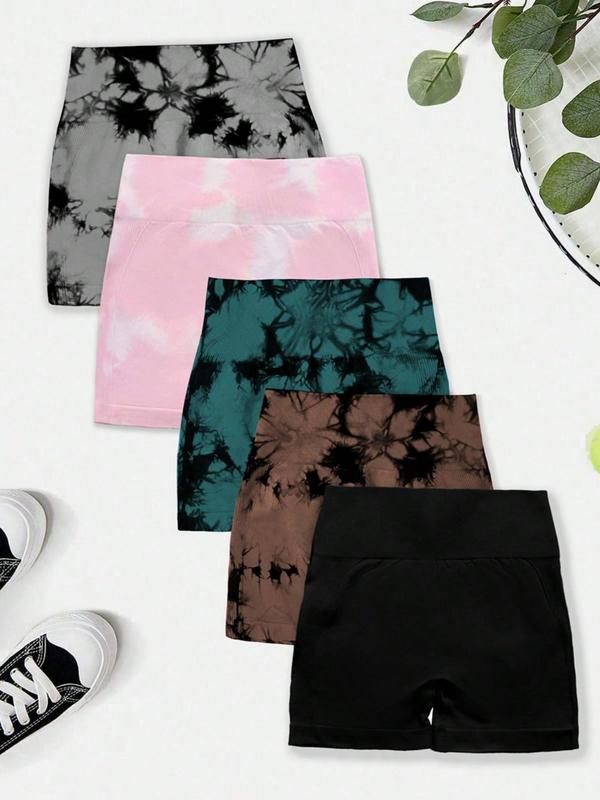 Women's Tie Dye Print High Waist Sports Shorts, Gym Shorts, Casual Ruched Seamless Skinny Shorts, Ladies Sportswear for Yoga Gym Workout Running