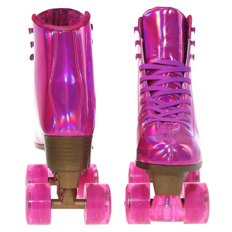 JajaHoho Roller Skates for Women, Magenta Holographic High Top PU Leather Rollerskates, Shiny Double-Row Four Barbie Pink Fushcia Wheels Quad Skates for Girls and Age 8-50 Indoor Outdoor (Plum)