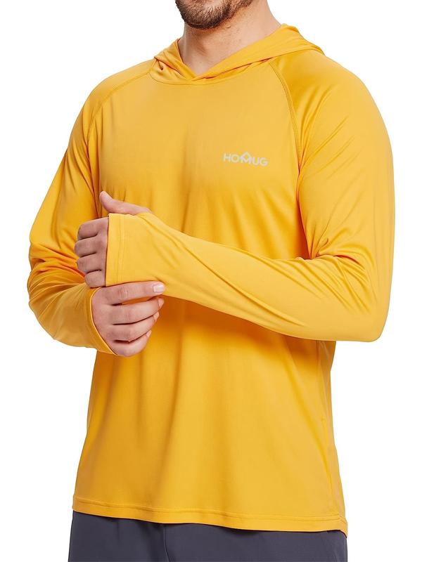 Men's Loose Letter Print Long Sleeve Hooded Rashguard, Quick Dry  Sport Shirt, Lightweight Sun Protection Thumb Holes Top for Outdoor Activities, Workout Tops, Men's Sport & Outdoor Clothing for Fall & Winter, Gym Clothing