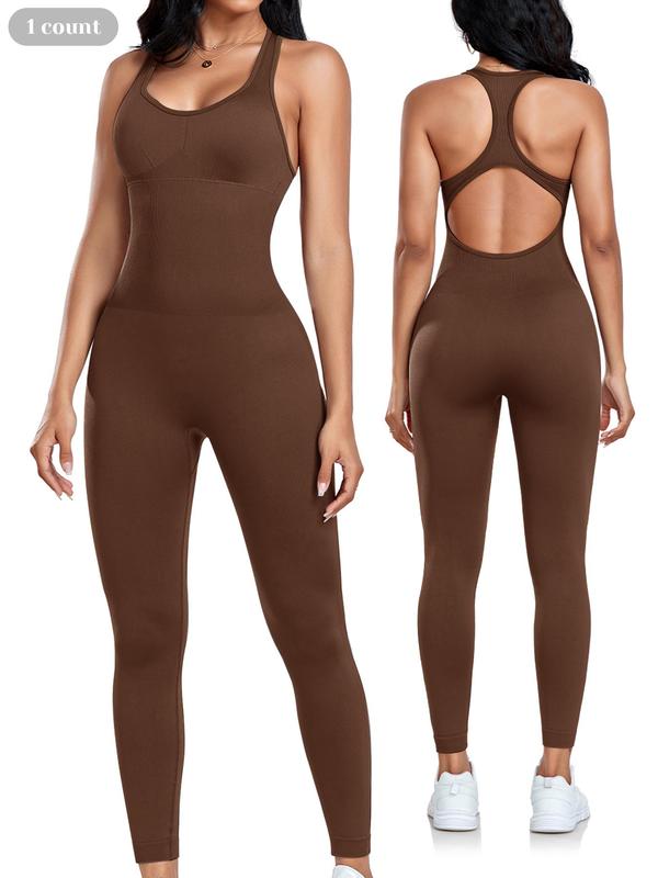 Women's Solid Backless Scoop Neck Sports Jumpsuit, Casual Sporty Seamless Sleeveless Jumpsuit for Yoga Gym Workout, Ladies Sportswear for All Seasons