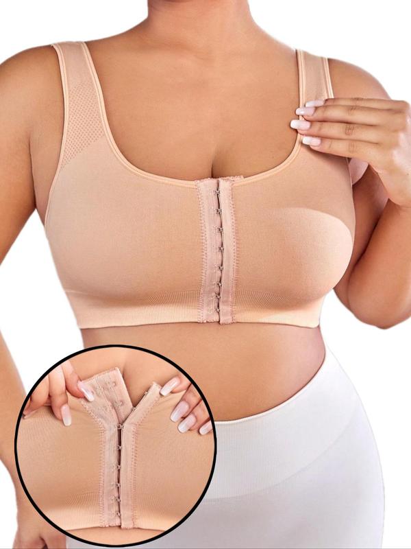 Plus Size Solid Adjustable Hook And Eye Sports Bra, Sporty Wireless Bra for Women, Summer Clothes Women, Women's Sport & Outdoor Clothing