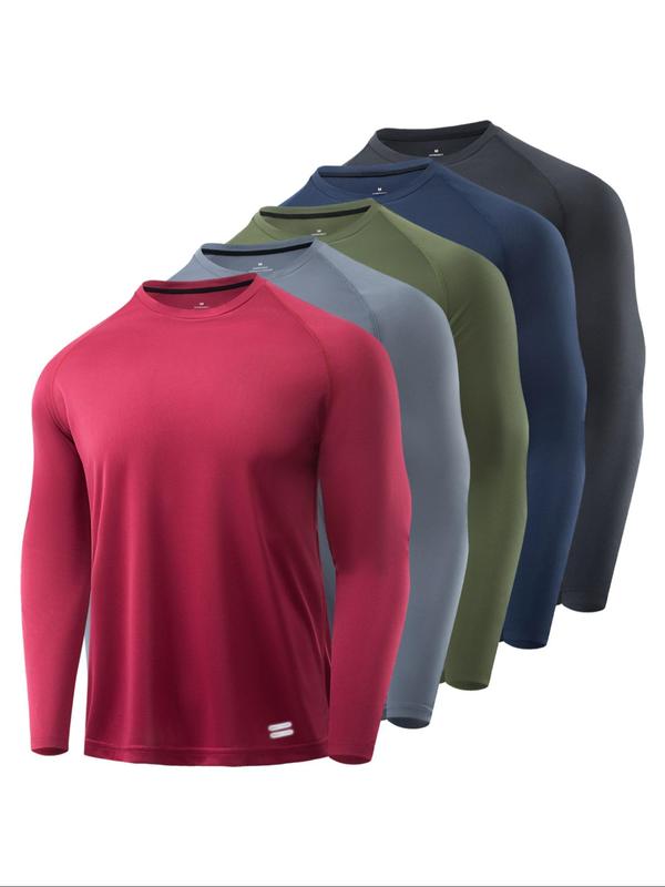 Men's Solid Round Neck Long Sleeve Sports Tee, Breathable Quick Drying Crew Neck T-shirt, Casual Sporty Top for Gym Workout Running