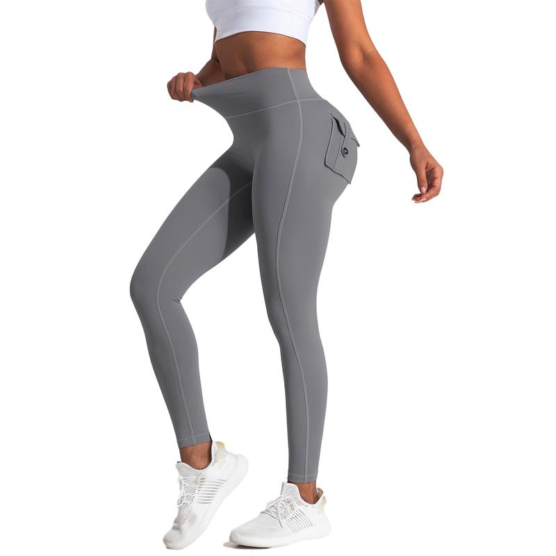 Women's Workout Cargo Leggings with Pockets, Hidden Scrunch Butt Lifting, Hedda Compression Gym Yoga Pants - Solid Color Nylon and Elastane