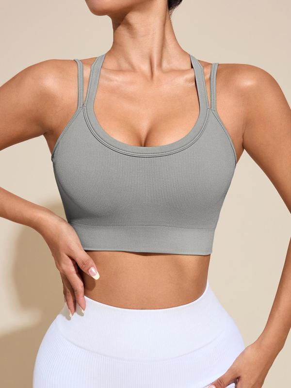 Women's Solid Color Criss Cross Back Wireless Sports Bra, Breathable Comfortable Ribbed Seamless Medium Support Yoga Bra, Workout Sets Women, Ladies Sportswear for Indoor Outdoor Wear