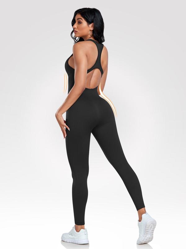 Women's Solid Backless Scoop Neck Sports Jumpsuit, Casual Sporty Seamless Sleeveless Jumpsuit for Yoga Gym Workout, Ladies Sportswear for All Seasons