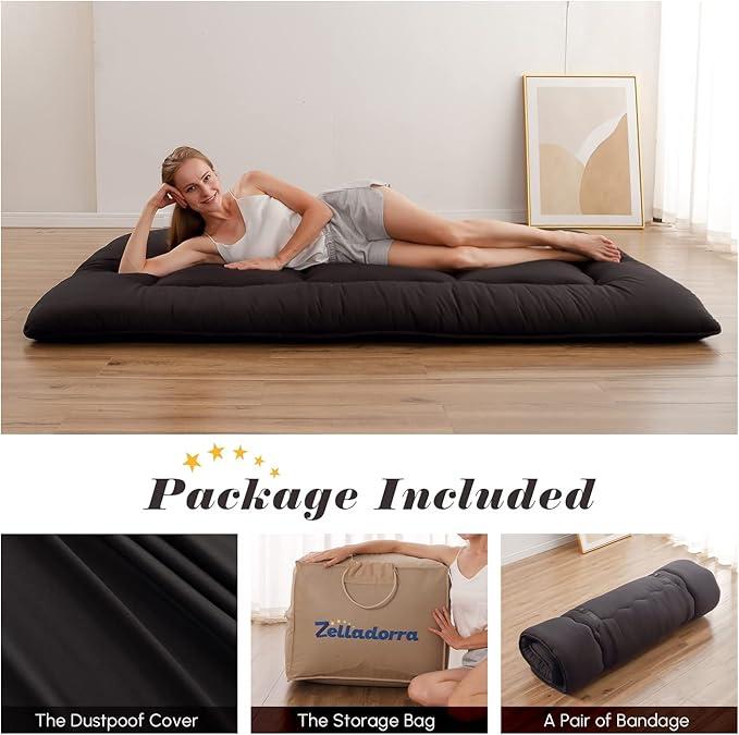 Japanese Floor Mattress, Futon Mattress with Portable Storage Bag, Roll Up Mattress Thick Tatami Mattress Suitable for Camping, Guest Room, Grey, Twin