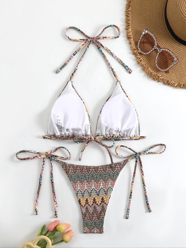 Ethnic Pattern Bikini Set Bikinis for Summer 2024, Tie Back Halter Triangle Swim Bra & Tie Side Swim Thong, Beach Holiday Vacation Swimwear Set for Women