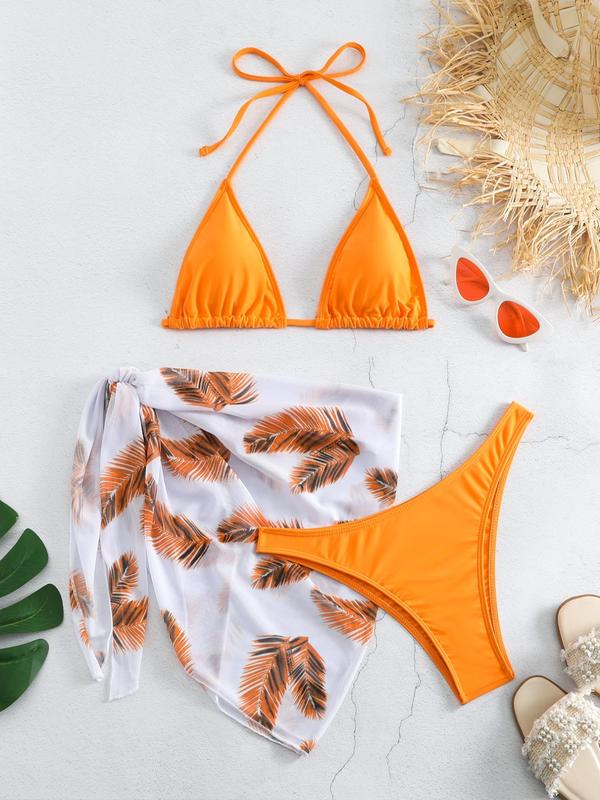 Three-Piece Set Women's Halter Neck Triangle Cup Bikini Top & Swim Panty & Feather Print Cover Up Skirt Swimsuit Sets, Pool Bikinis, Sleeveless Swimwear Set for Beach, Summer Bikini Sets, Bathing Suits 2024, Ladies Summer Clothes