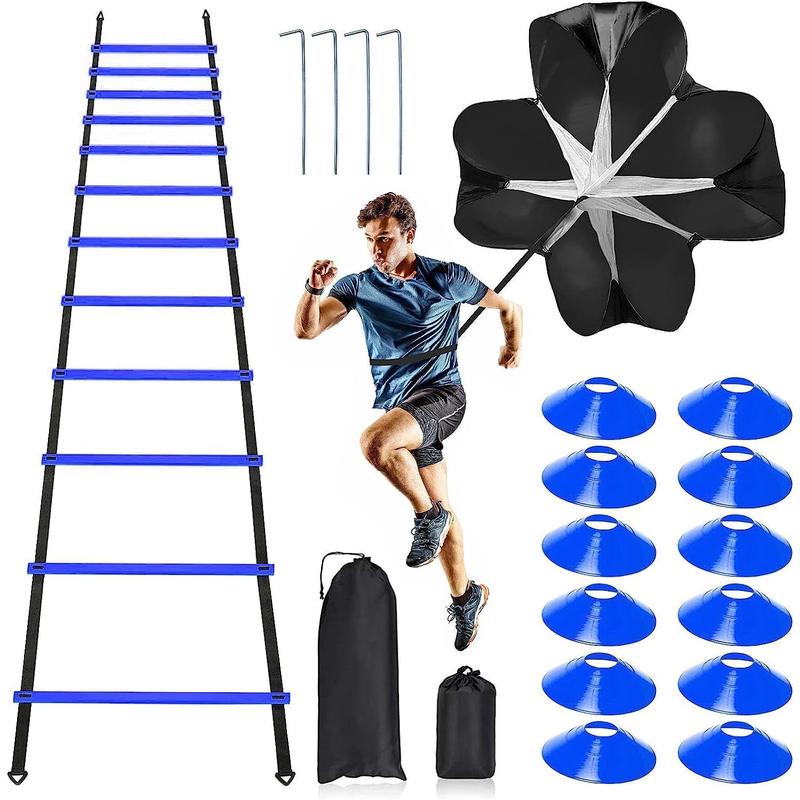 Pro Speed & Agility Training Set Includes 12 Rung 20ft Adjustable Agility Ladder with Carrying Bag, 12 Disc Cones, 4 Steel Stakes, 1 Resistance Parachute, Use Equipment to Improve Footwork Any Sport