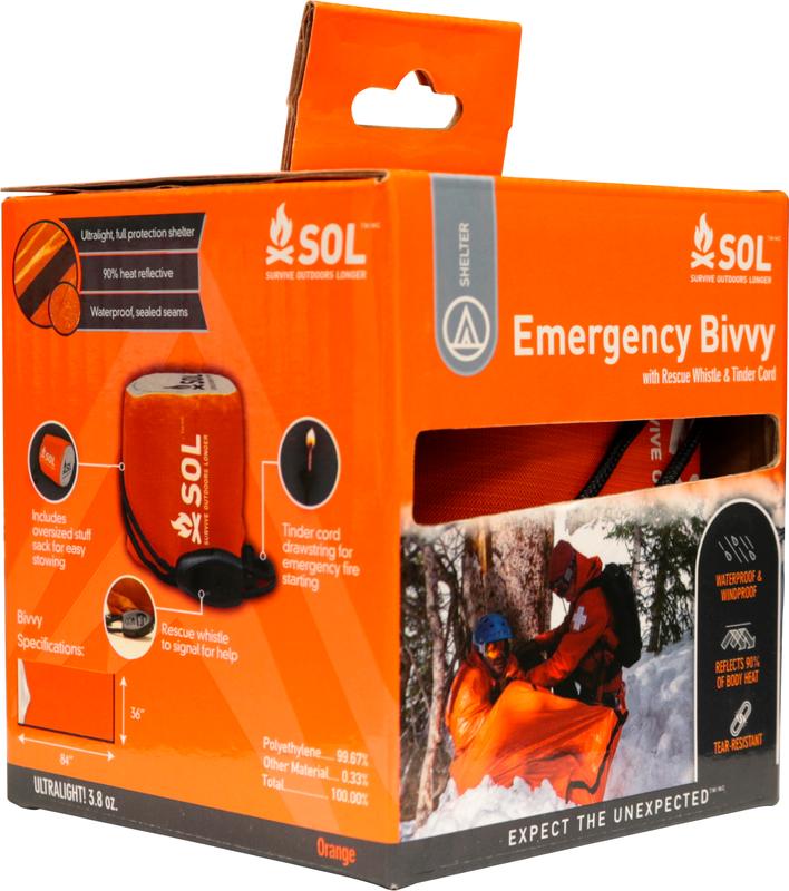 S.O.L. Survive Outdoors Longer 90% Emergency Bivvy with Survival Whistle & Tinder Paracord Drawstring for Outdoor Survival, Orange