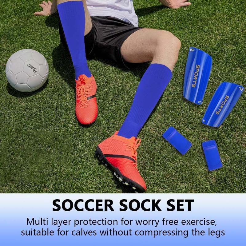 2 Pairs Soccer Socks for Men, 2 Pairs Shin Sleeves, 1 Pack of Shin Guards, and 4 Shin Straps - Complete Soccer Game Set, 9 Pieces Total.